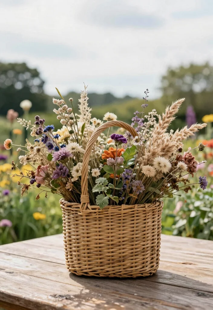 12 Outdoor Table Centerpiece Ideas That Don't Blow Away in Wind - 10. Large Woven Baskets with Dried Flowers 1