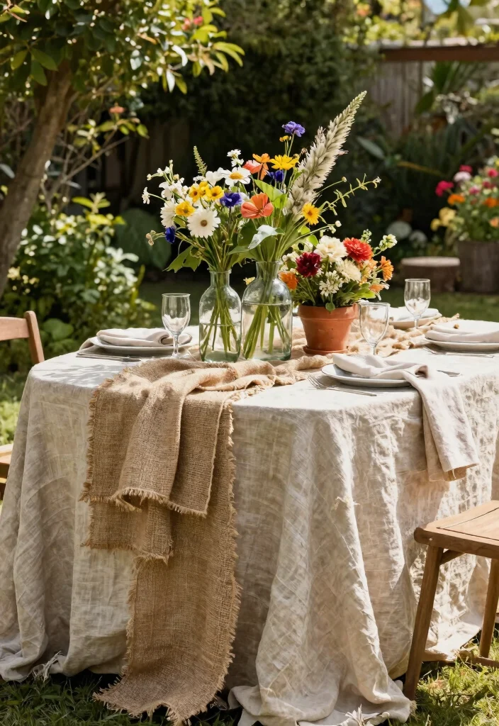 12 Outdoor Table Centerpiece Ideas That Don't Blow Away in Wind - 12. Layered Fabrics with Wind-Resistant Decor 1