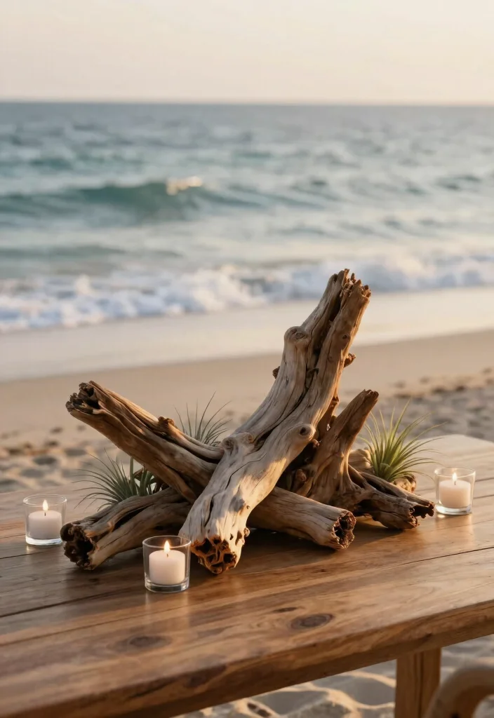 12 Outdoor Table Centerpiece Ideas That Don't Blow Away in Wind - 2. Driftwood Arrangements with Glass Accents 1