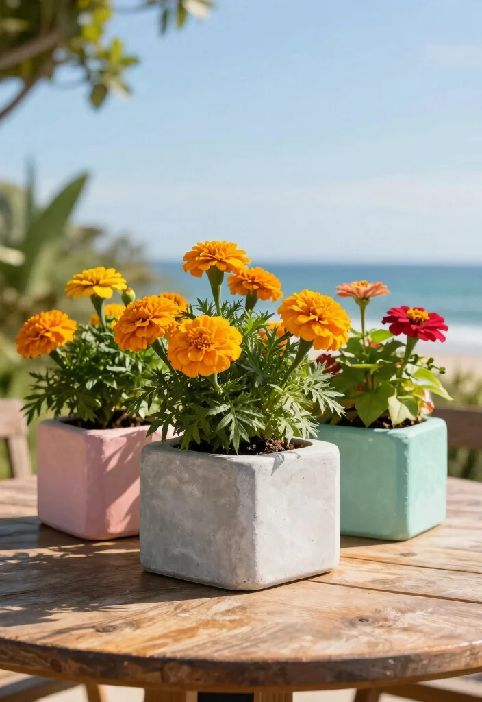 12 Outdoor Table Centerpiece Ideas That Don't Blow Away in Wind - 3. Concrete Planters with Colorful Blooms 1