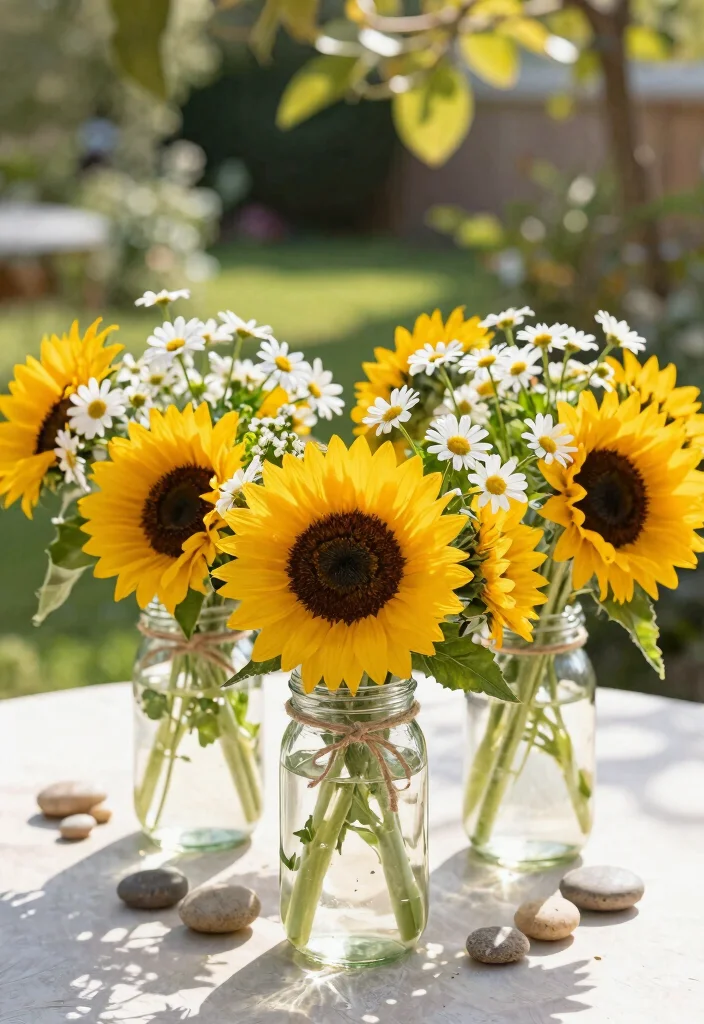 12 Outdoor Table Centerpiece Ideas That Don't Blow Away in Wind - 7. Colorful Bouquets in Water-Filled Mason Jars 1