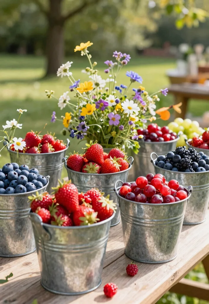 12 Outdoor Table Centerpiece Ideas That Don't Blow Away in Wind - 9. Rustic Tin Buckets Filled with Seasonal Berries 1