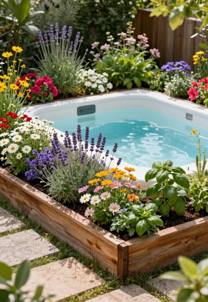 12 Swim Spa Backyard Ideas That Fit Small Yards and Tight Budgets - 7. Colorful Planting Beds 1
