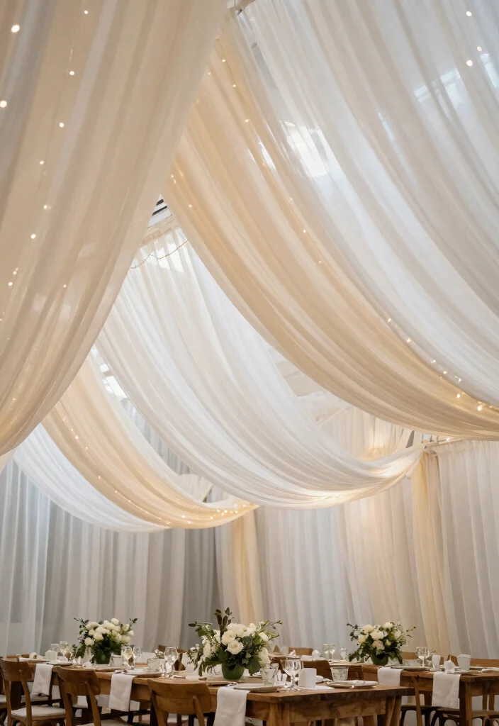 14 Ceiling Draping Wedding Ideas on a Budget That Look Expensive - 1. Soft Sheer Fabric Draping 1