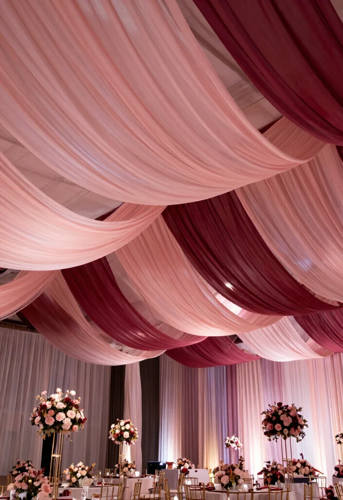 14 Ceiling Draping Wedding Ideas on a Budget That Look Expensive - 10. Dreamy Ombre Draping 1