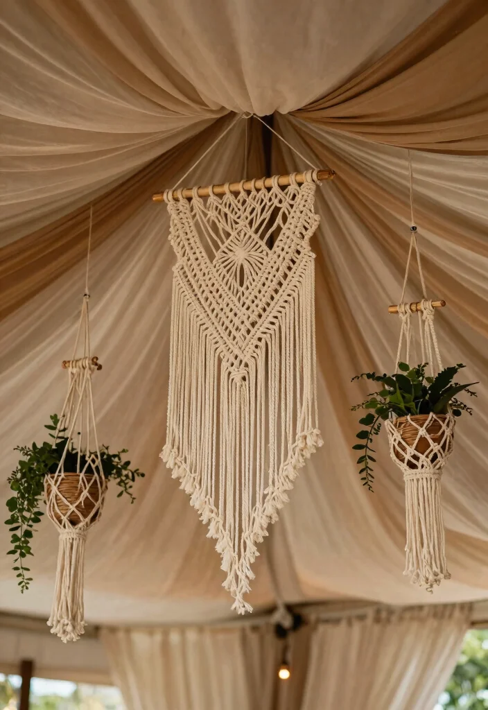 14 Ceiling Draping Wedding Ideas on a Budget That Look Expensive - 11. Charming Macrame Accents 1