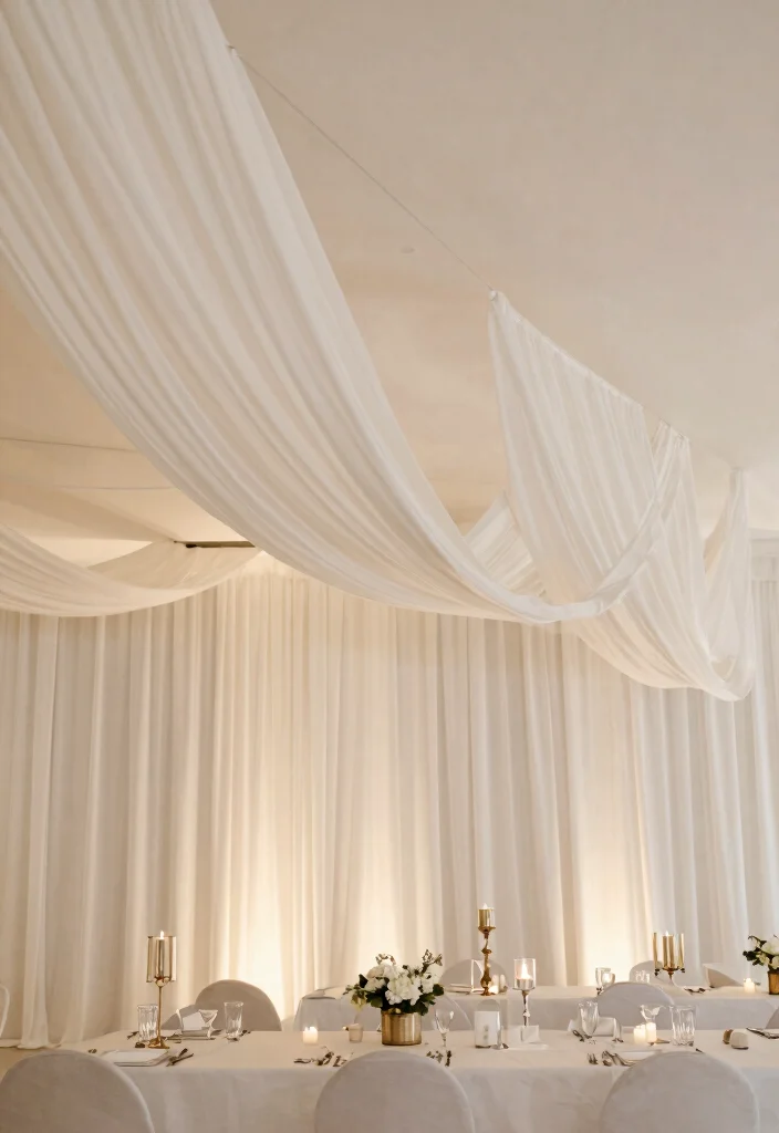 14 Ceiling Draping Wedding Ideas on a Budget That Look Expensive - 12. Minimalist Draping with Accents 1