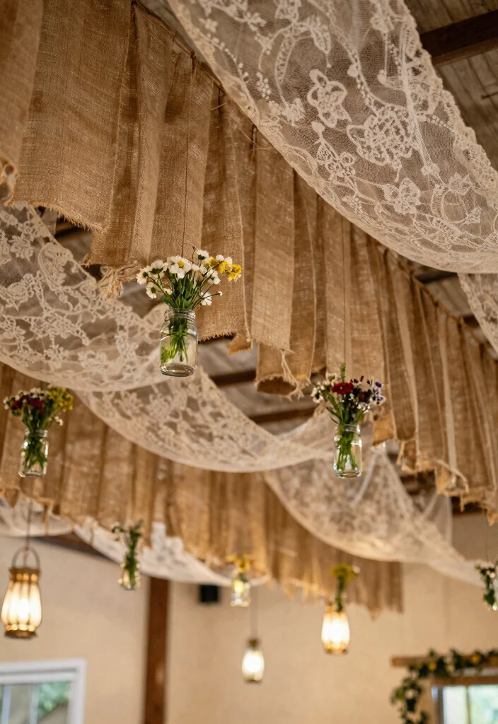 14 Ceiling Draping Wedding Ideas on a Budget That Look Expensive - 2. Rustic Burlap and Lace 1
