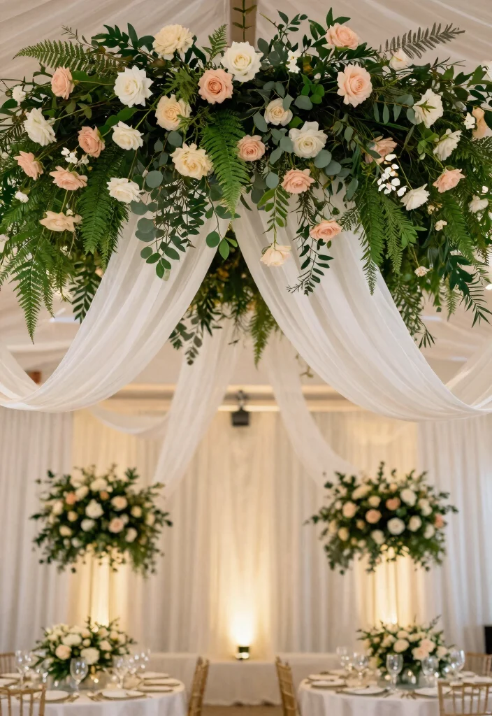 14 Ceiling Draping Wedding Ideas on a Budget That Look Expensive - 3. Floral Swag Accents 1