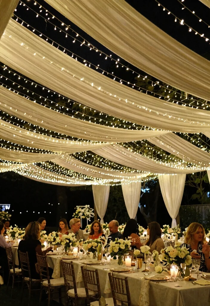 14 Ceiling Draping Wedding Ideas on a Budget That Look Expensive - 4. Twinkle Light Canopy 1