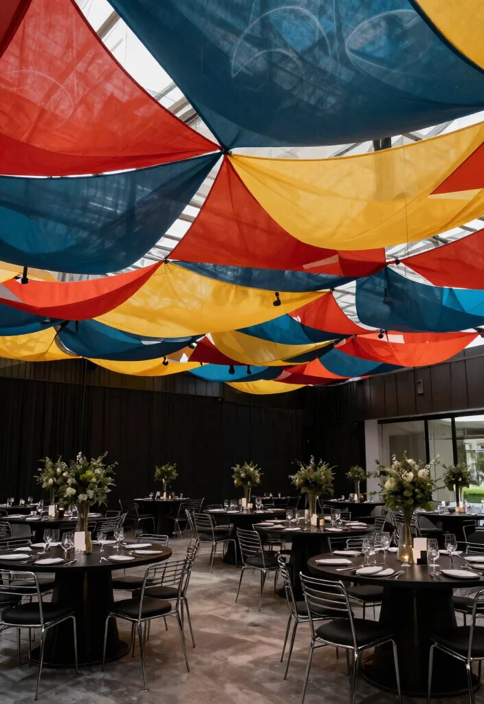 14 Ceiling Draping Wedding Ideas on a Budget That Look Expensive - 5. Geometric Fabric Patterns 1