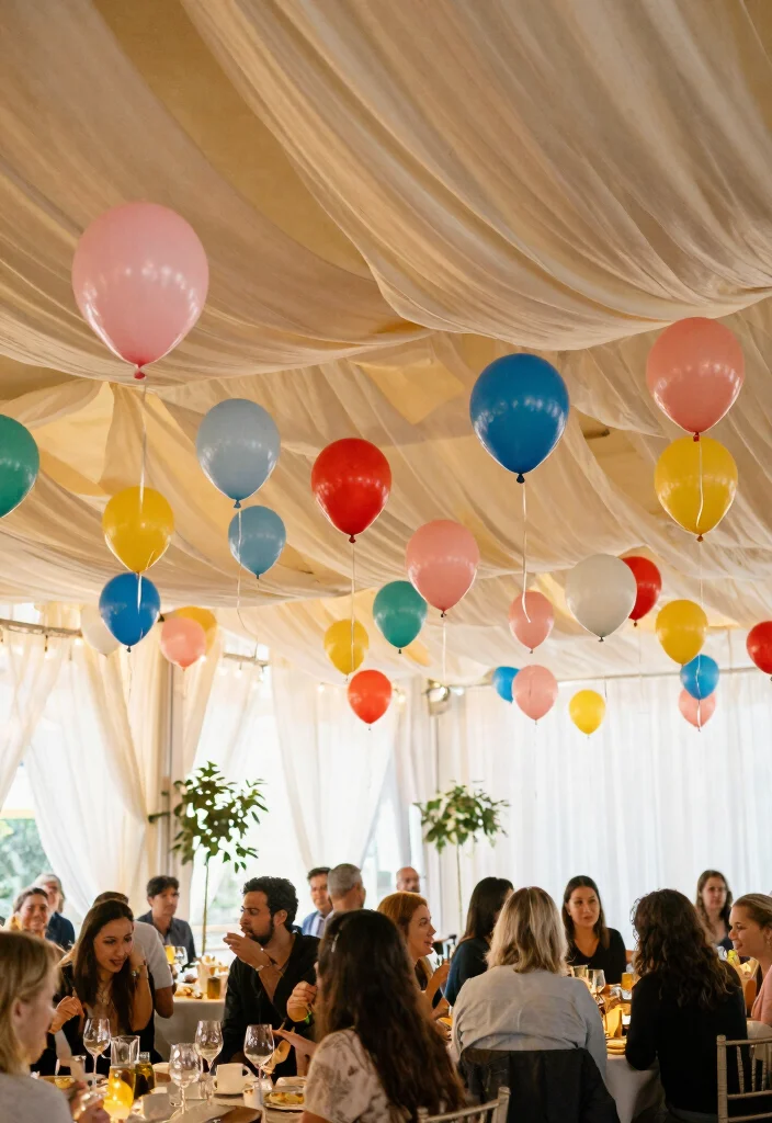 14 Ceiling Draping Wedding Ideas on a Budget That Look Expensive - 8. Simple Balloon Decor 1
