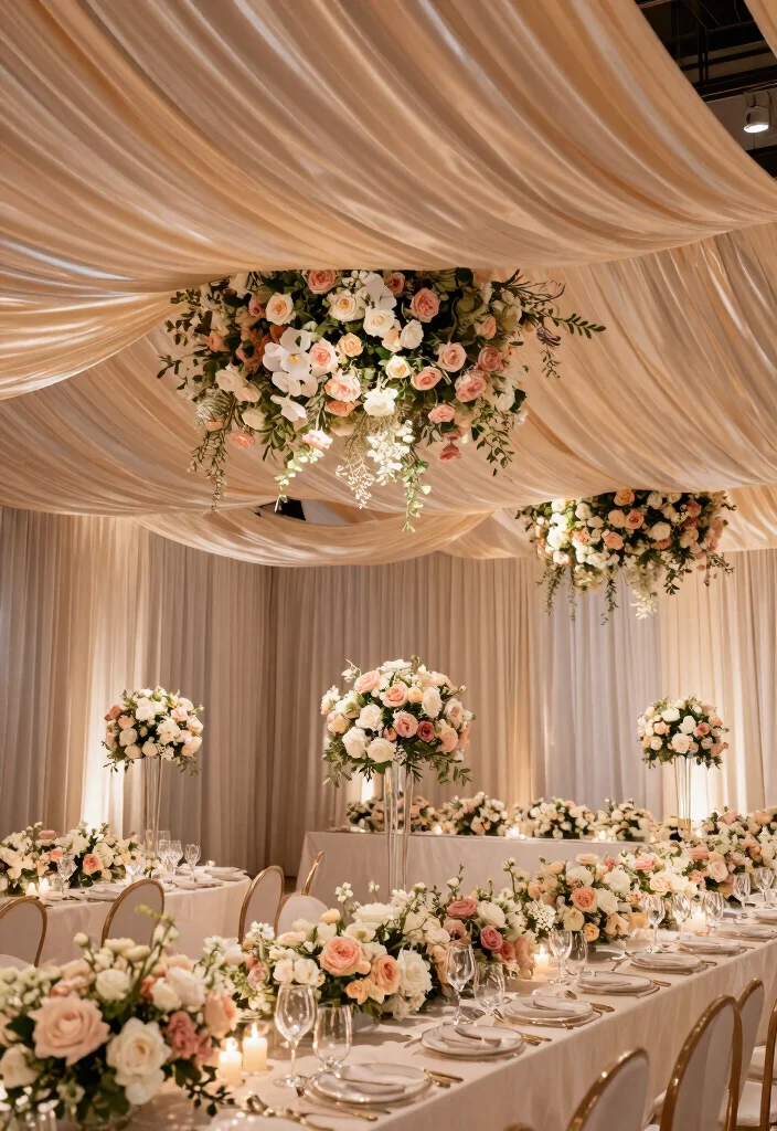 14 Ceiling Draping Wedding Ideas on a Budget That Look Expensive - 9. Elegant Fabric and Floral Combos 1