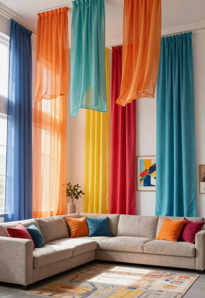 14 High Ceiling Curtain Ideas That Don't Cost a Fortune in Fabric - 4. Colorful Canvas 1