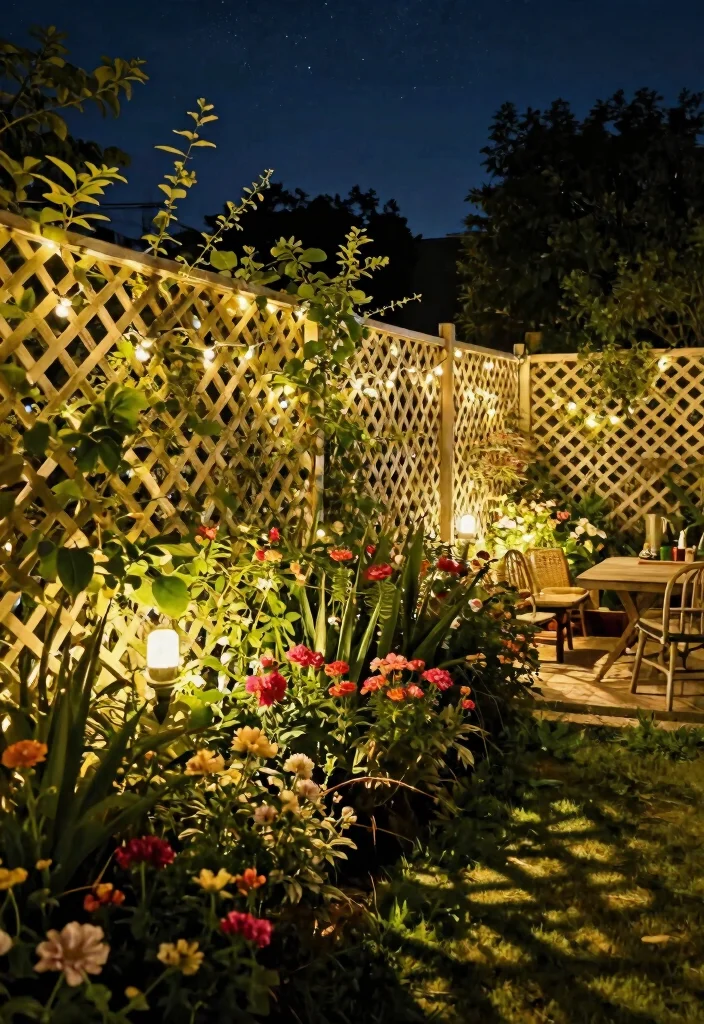 14 Lattice Privacy Fence Ideas That Block Views Fast - 11. Lattice Fence with Lighting 1
