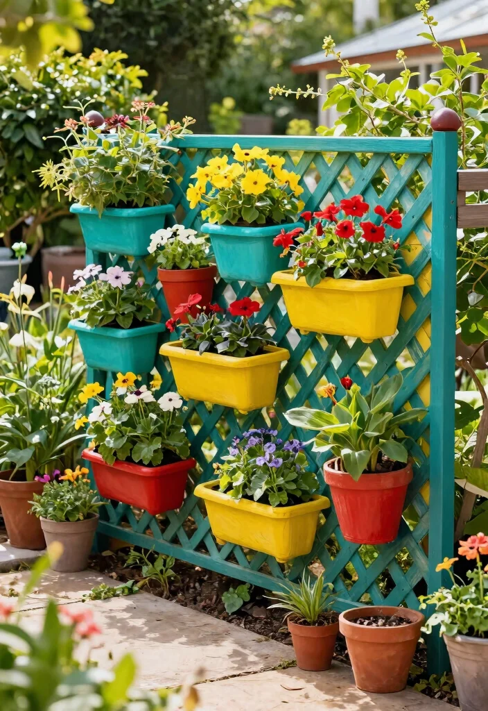 14 Lattice Privacy Fence Ideas That Block Views Fast - 12. Lattice Fence with Colorful Containers 1