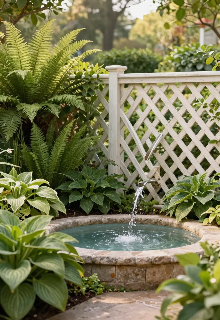 14 Lattice Privacy Fence Ideas That Block Views Fast - 13. Lattice Fence with Water Feature 1