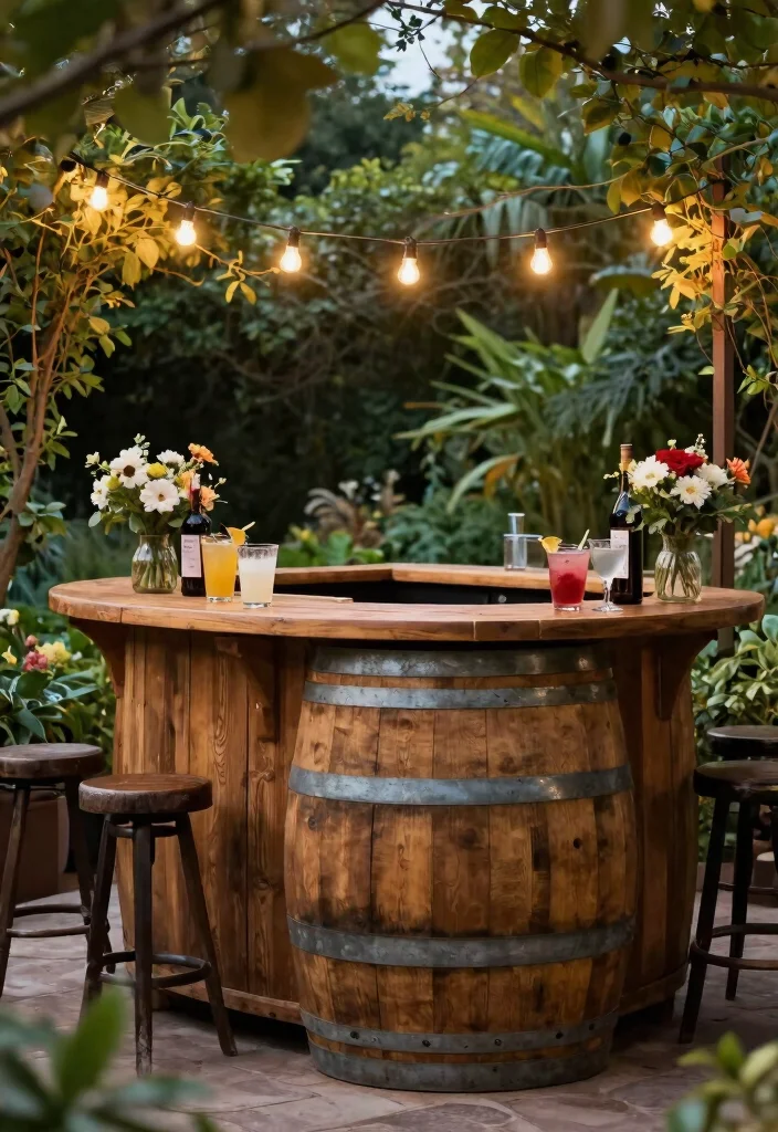 14 Outdoor Bar Ideas on a Budget That Don't Need Plumbing - 7. Wine Barrel Bar 1