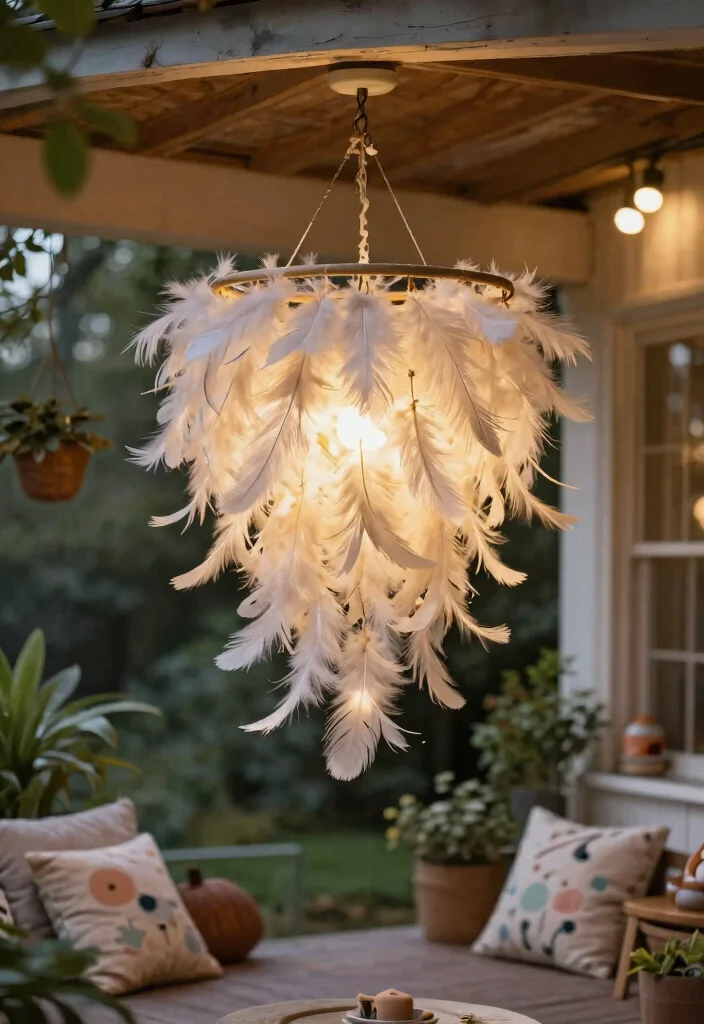 14 Outdoor Chandelier Porch Ideas That Hang Without Electrical Work - 12. DIY Feather Chandelier 1