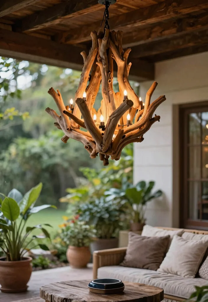 14 Outdoor Chandelier Porch Ideas That Hang Without Electrical Work - 14. Nature-Inspired Driftwood Chandelier 1