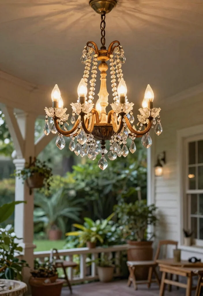 14 Outdoor Chandelier Porch Ideas That Hang Without Electrical Work - 2. Reclaimed Wood and Crystal Chandelier 1