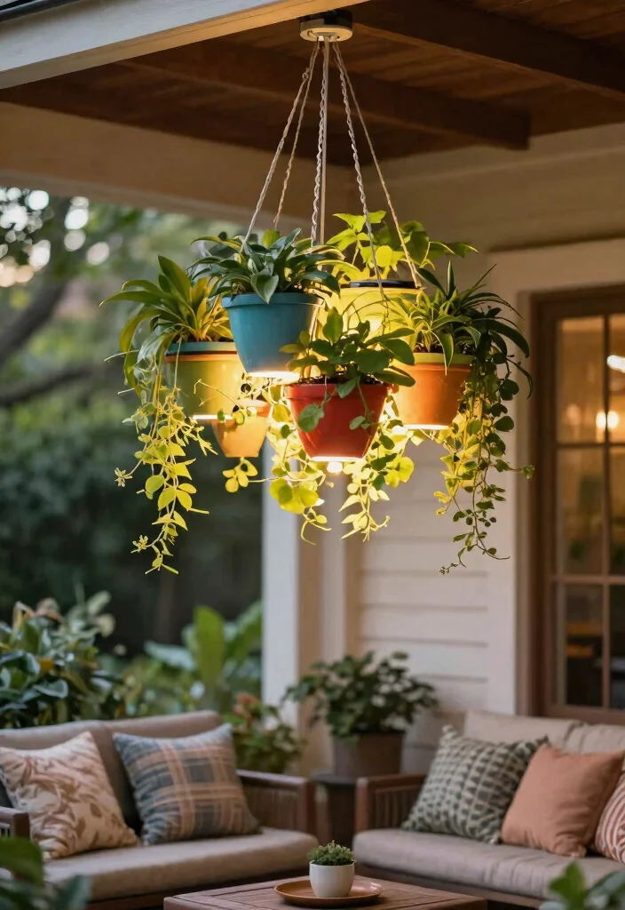 14 Outdoor Chandelier Porch Ideas That Hang Without Electrical Work - 3. Whimsical Hanging Planter Chandelier 1