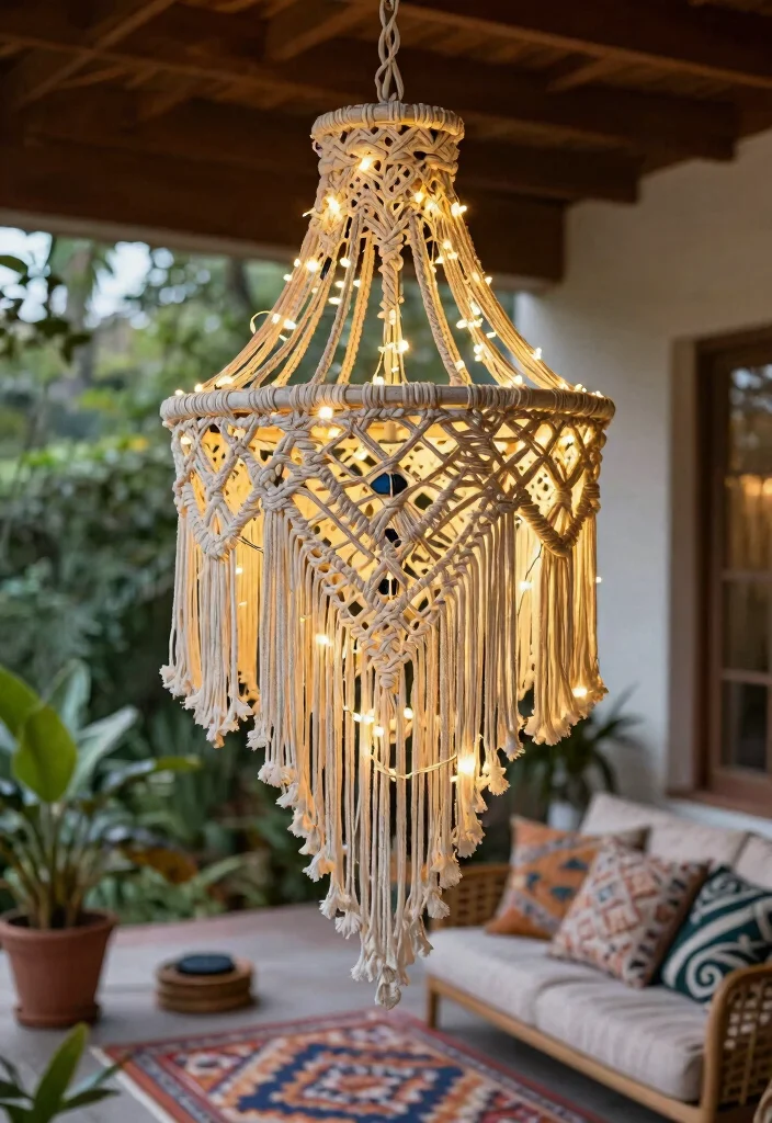 14 Outdoor Chandelier Porch Ideas That Hang Without Electrical Work - 4. Bohemian Macramé Chandelier 1
