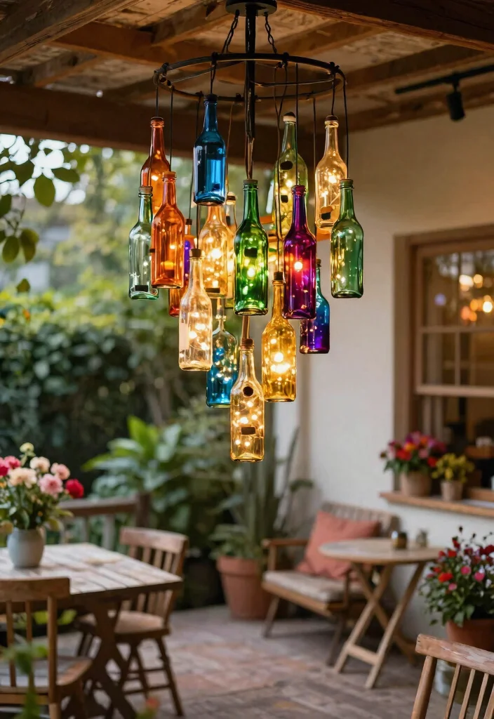 14 Outdoor Chandelier Porch Ideas That Hang Without Electrical Work - 6. Upcycled Bottle Chandeliers 1