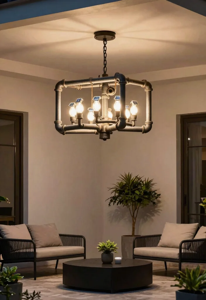 14 Outdoor Chandelier Porch Ideas That Hang Without Electrical Work - 8. Industrial Pipe Chandelier 1
