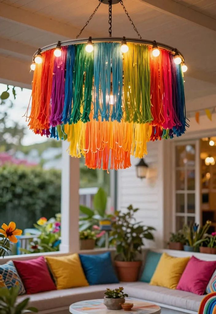 14 Outdoor Chandelier Porch Ideas That Hang Without Electrical Work - 9. Colorful Fringe Chandelier 1