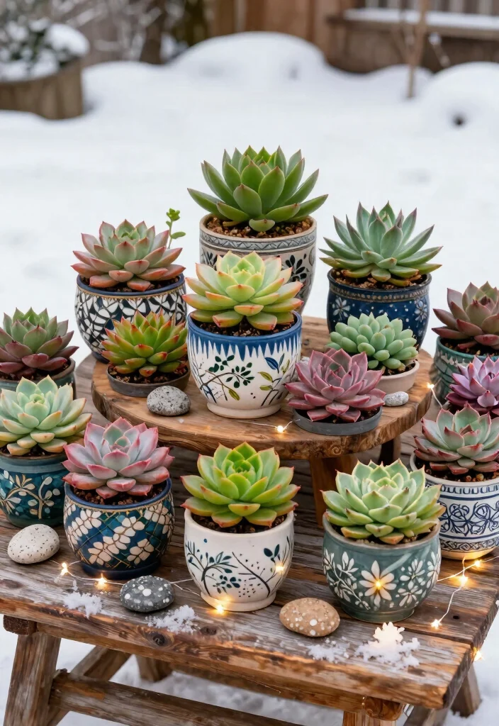 14 Outdoor Holiday Decor Ideas That Transition Through Winter - 12. Frosty Succulent Displays 1