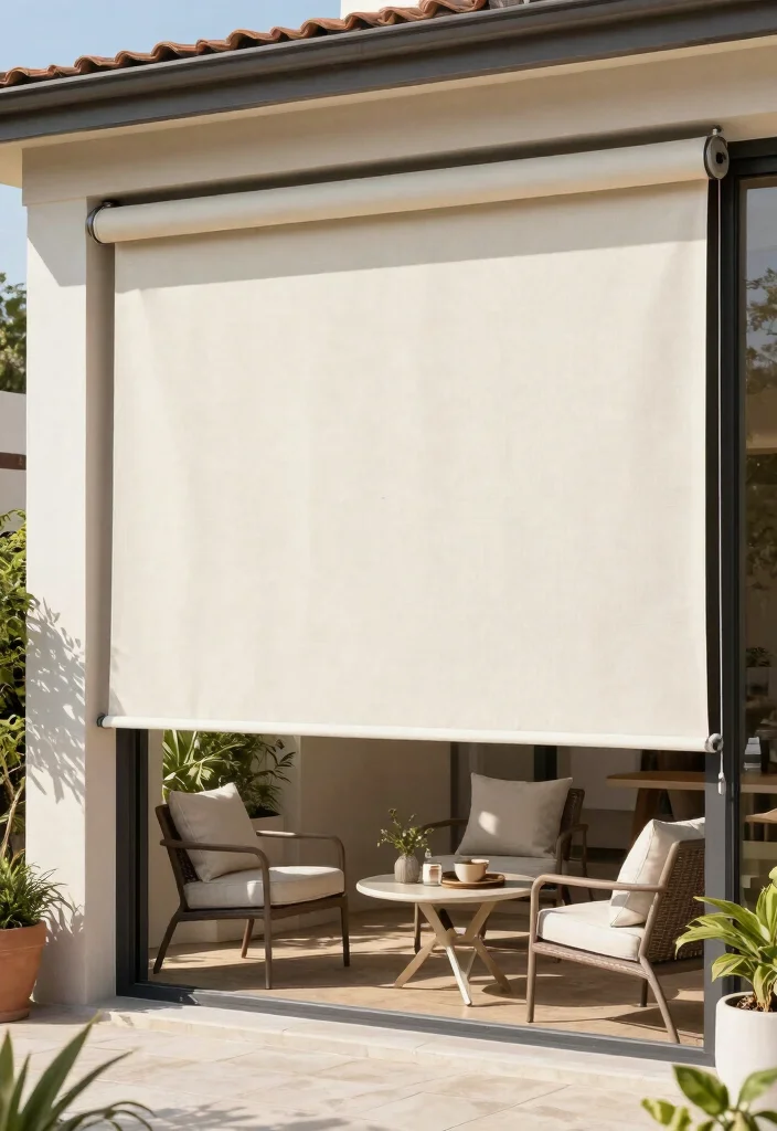 15 Awning Ideas Patio That Survive Wind Without Constant Repairs - 10. Outdoor Roller Blinds for Flexible Coverage 1