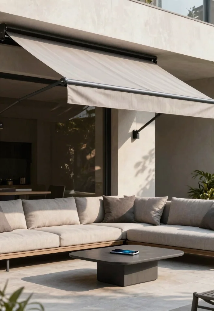 15 Awning Ideas Patio That Survive Wind Without Constant Repairs - 5. Motorized Awnings with Smart Technology 1