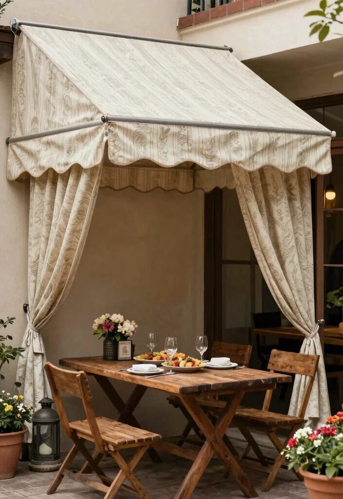 15 Awning Ideas Patio That Survive Wind Without Constant Repairs - 9. Vintage-inspired Canvas Awnings 1