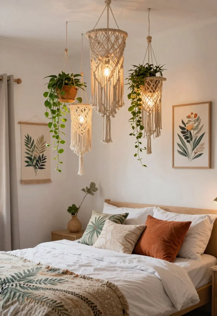 15 Bedroom Ceiling Light Ideas That Set the Mood Without Rewiring - 5. Macramé Light Hangers 1