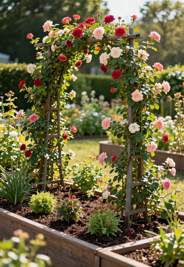 15 Climbing Rose Trellis Ideas That Support Heavy Blooms Without Tipping - 11. Raised Bed with Trellis 1