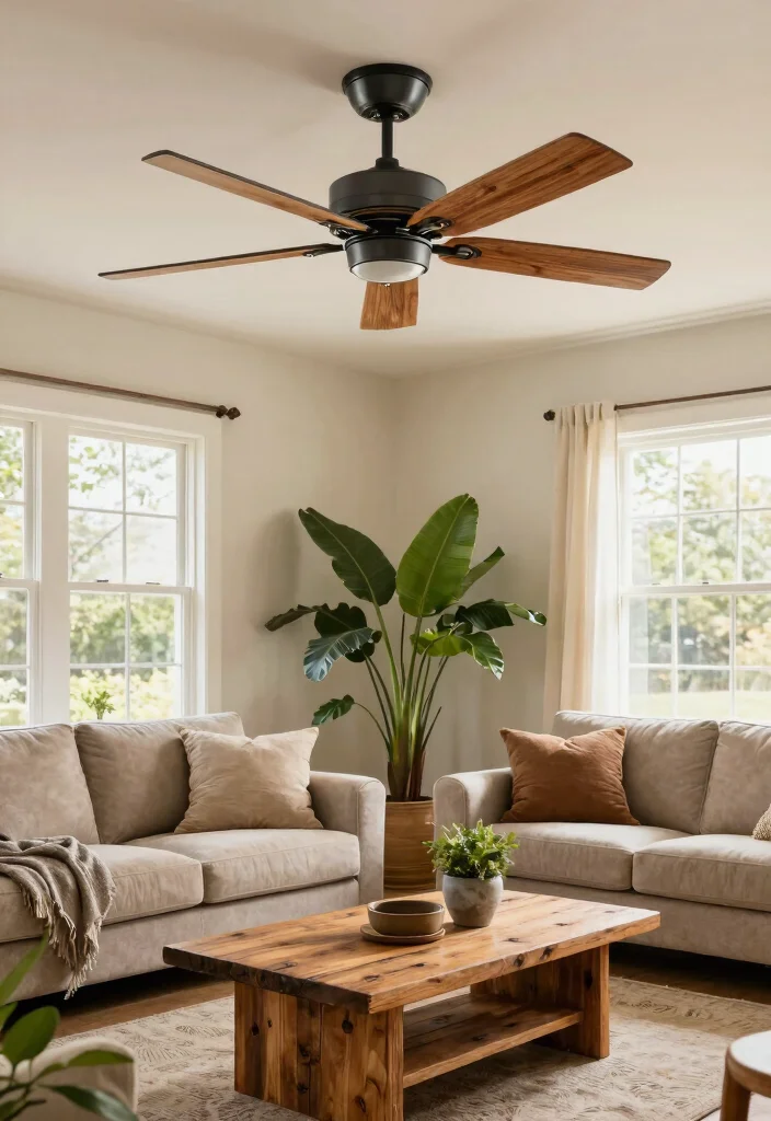 15 Farmhouse Style Ceiling Fan Ideas That Don't Look Cheap - 12. Rustic Wood and Metal Combination Fan 1