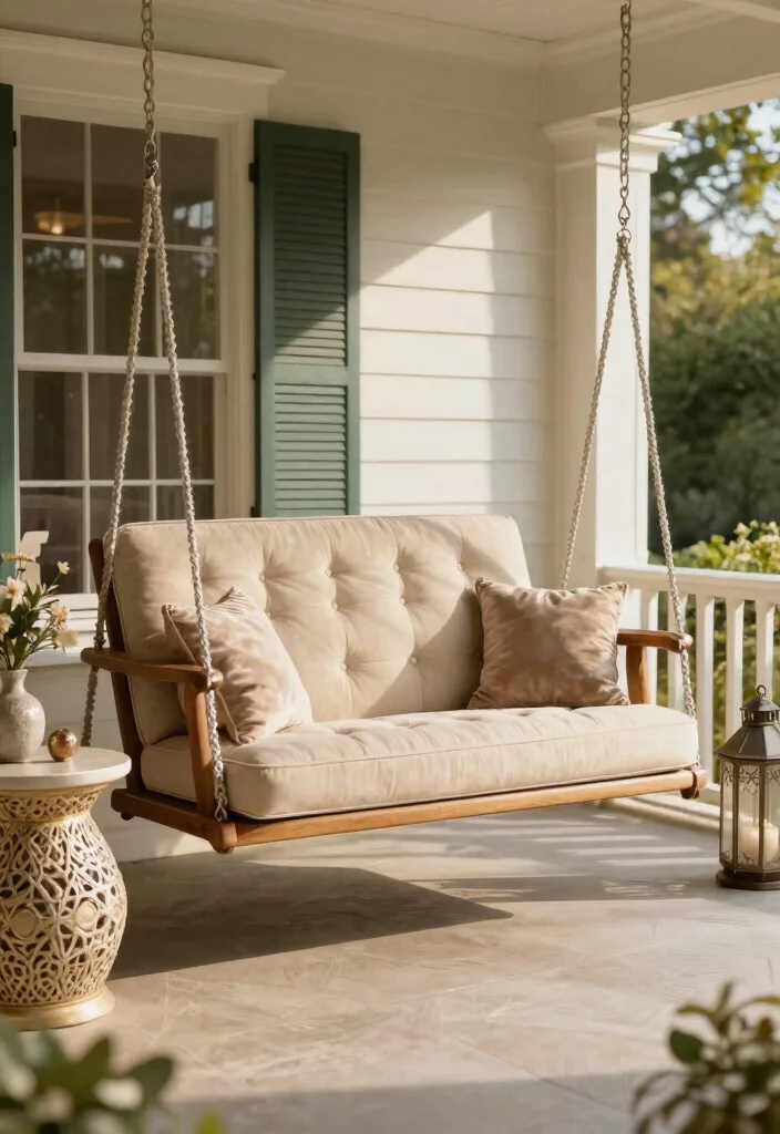15 Front Porch Swing Ideas That Support Two Adults Safely - 15. Sophisticated Upholstered Swing 1