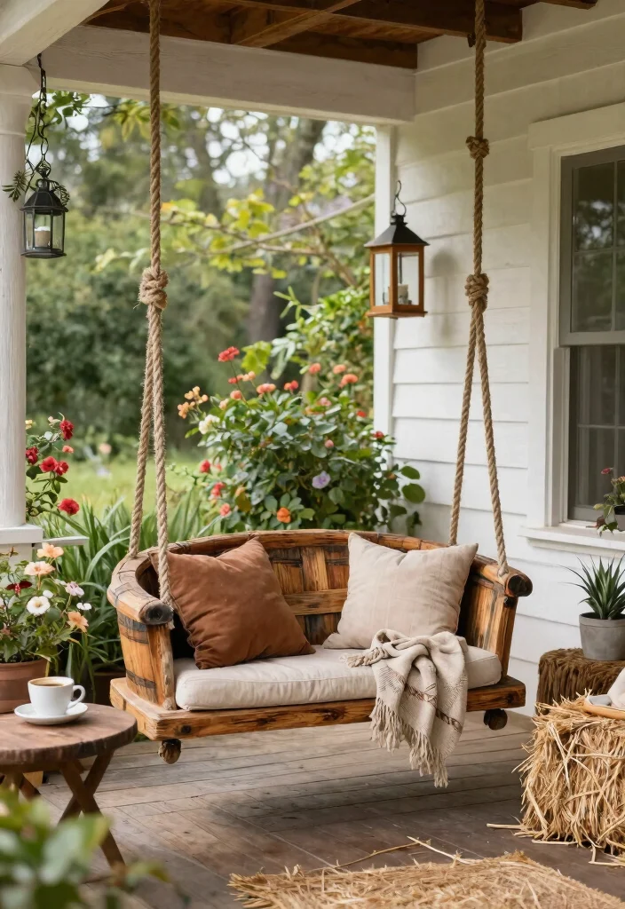 15 Front Porch Swing Ideas That Support Two Adults Safely - 4. Rustic Barrel Swing 1