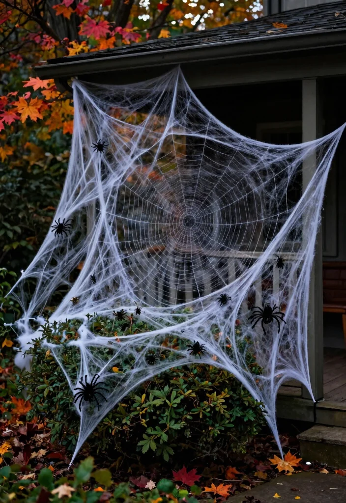 15 Outdoor Halloween Decor Ideas That Don't Blow Away - 11. Recyclable Spider Webs 1