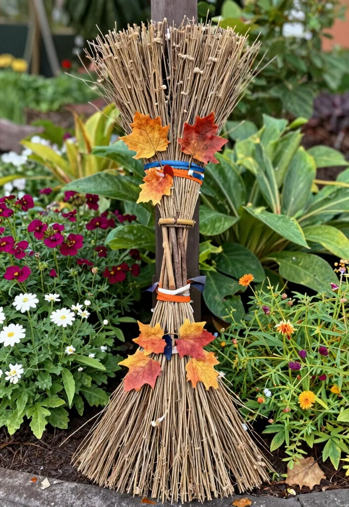 15 Outdoor Halloween Decor Ideas That Don't Blow Away - 12. Eco-Chic Broomstick Decor 1