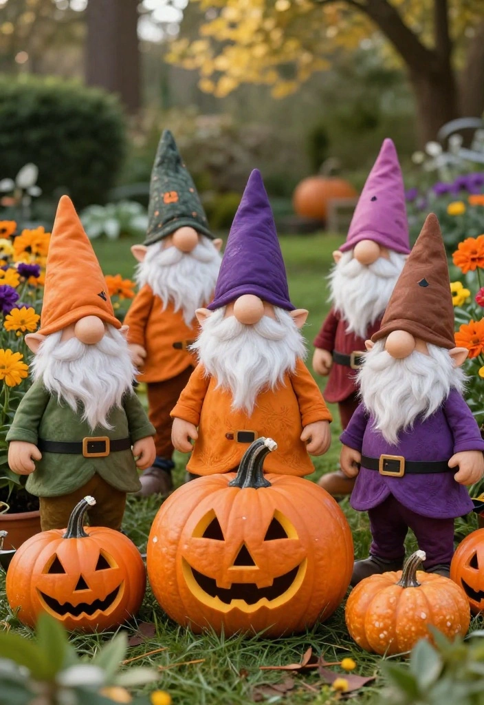 15 Outdoor Halloween Decor Ideas That Don't Blow Away - 15. Garden Gnome Halloween Characters 1