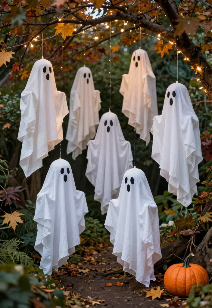 15 Outdoor Halloween Decor Ideas That Don't Blow Away - 3. Eco-Friendly Ghosts Made from Old Sheets 1
