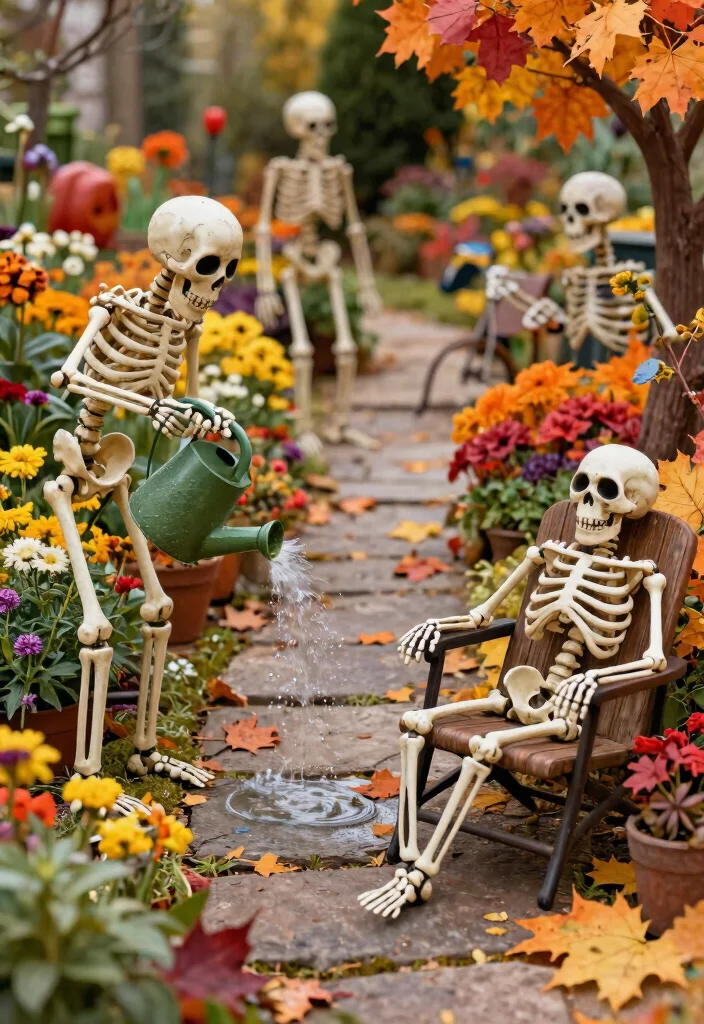 15 Outdoor Halloween Decor Ideas That Don't Blow Away - 4. Durable Skeletons on Display 1
