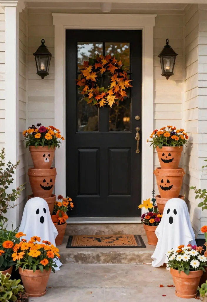 15 Outdoor Halloween Decor Ideas That Don't Blow Away - 6. Terracotta Pot Ghosts 1