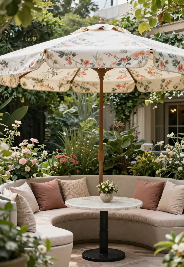 15 Patio Umbrella Ideas That Stay Put in Wind Without Tipping Over - 12. Elegant Patio Umbrellas with Decorative Canopies 1