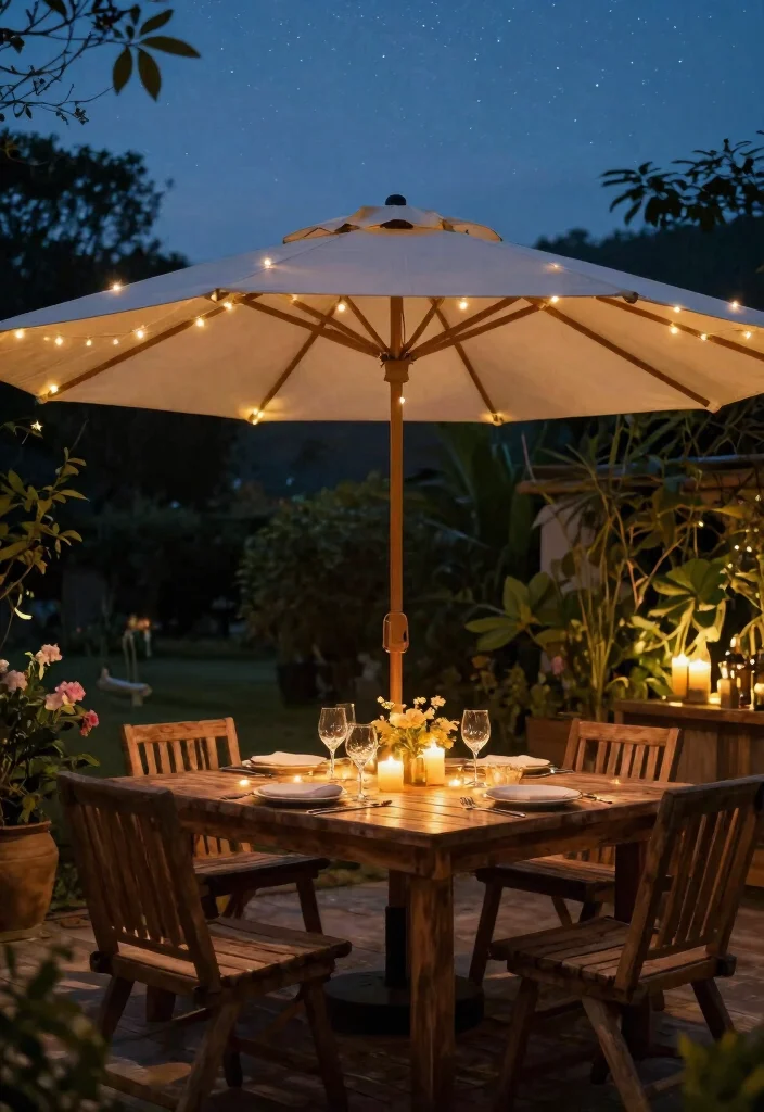 15 Patio Umbrella Ideas That Stay Put in Wind Without Tipping Over - 6. Umbrella with Solar-Powered Lights 1