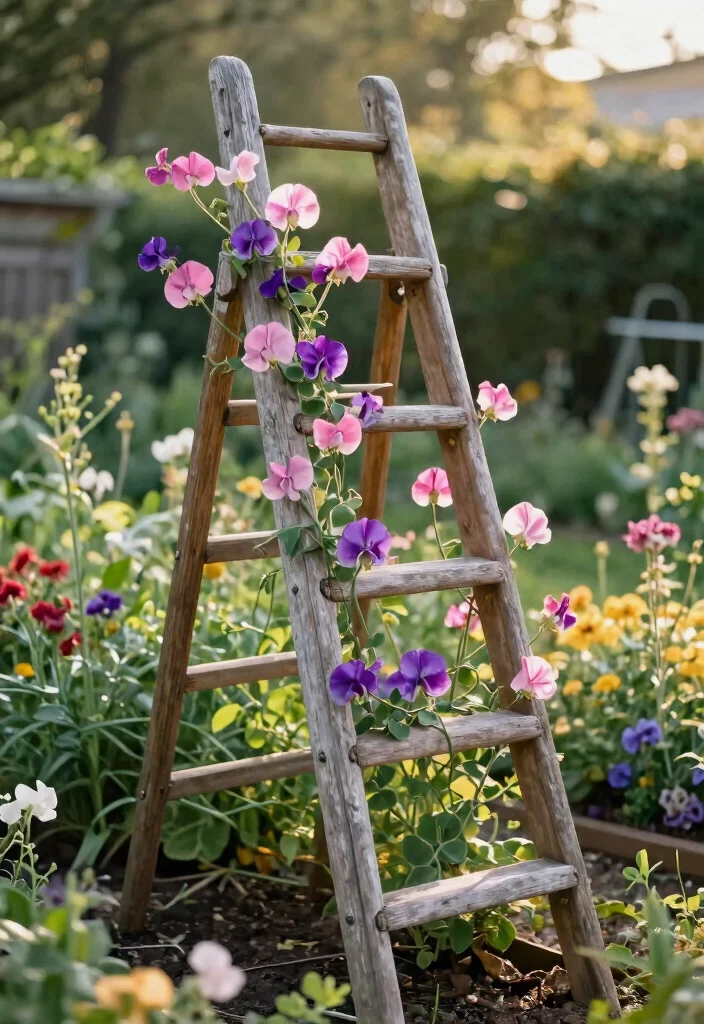 15 Sweet Pea Trellis Ideas That Support Heavy Vines All Season - 1. Rustic Wooden Ladder Trellis 1