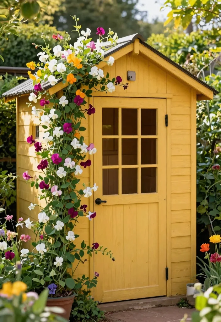 15 Sweet Pea Trellis Ideas That Support Heavy Vines All Season - 12. Paneled Garden Shed Trellis 1