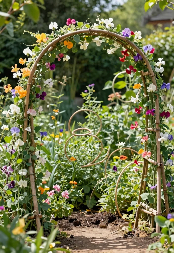 15 Sweet Pea Trellis Ideas That Support Heavy Vines All Season - 3. Circular Hoop Trellis 1